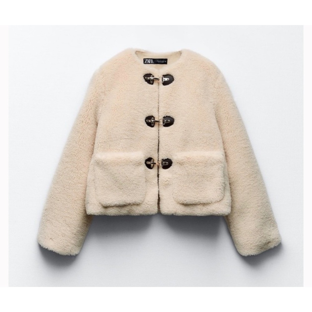 Zara Faux Fur Jacket Cream Ecru Cropped Toggle Coat 6318/266/712 Womens XS NEW